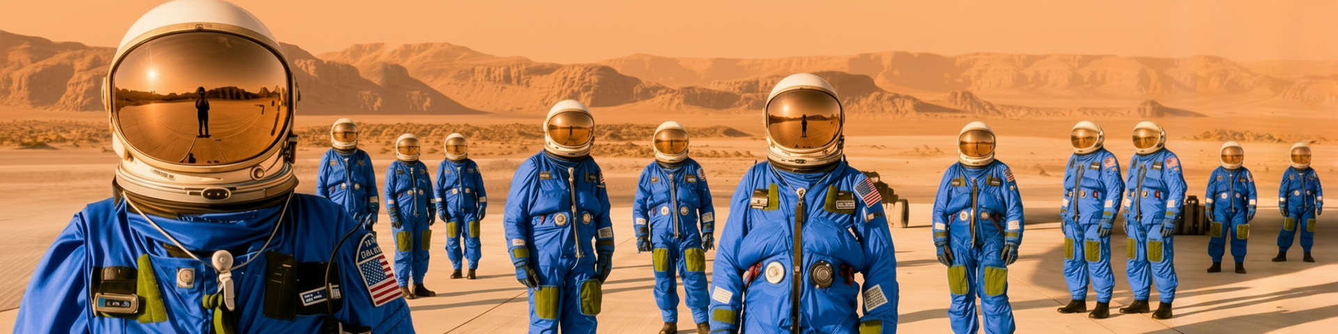 Maldek Industries crew in blue aerospace suits on a desert industrial range